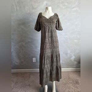 Linden Street Studio Women's Khaki Maxi Dress Puff Sleeves Tiered Sz M Cotton